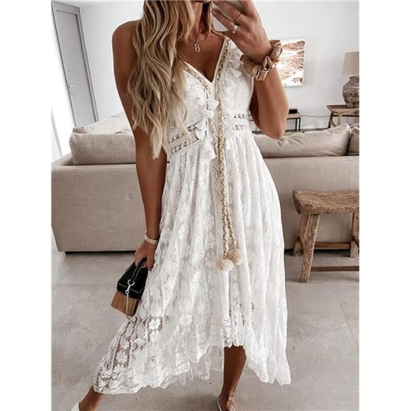CUPSHE Women's Dresses Slip Boho Maxi Dress Lace Up Tassel V-Neck Flare Ruffle B - Picture 5 of 7